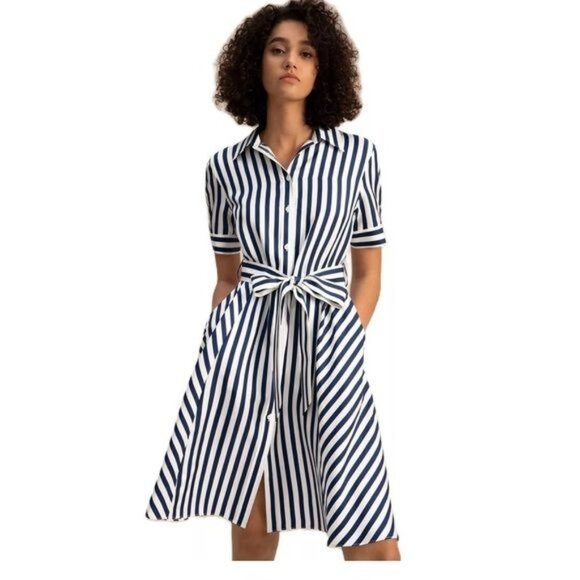 Cato Dresses & Skirts - Cato White & Black Stripe Shirtdress Belted Dress Size Small